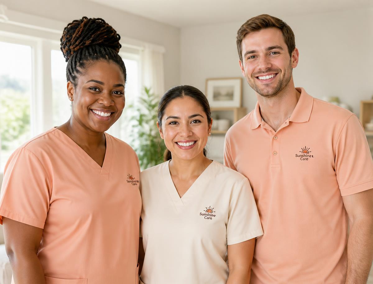 Three smiling professional caregivers standing together in a bright home