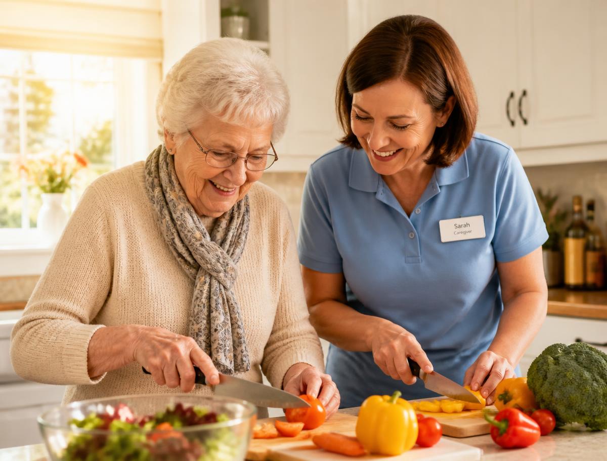 An elderly woman and her caregiver preparing a fresh meal together in a bright kitchen