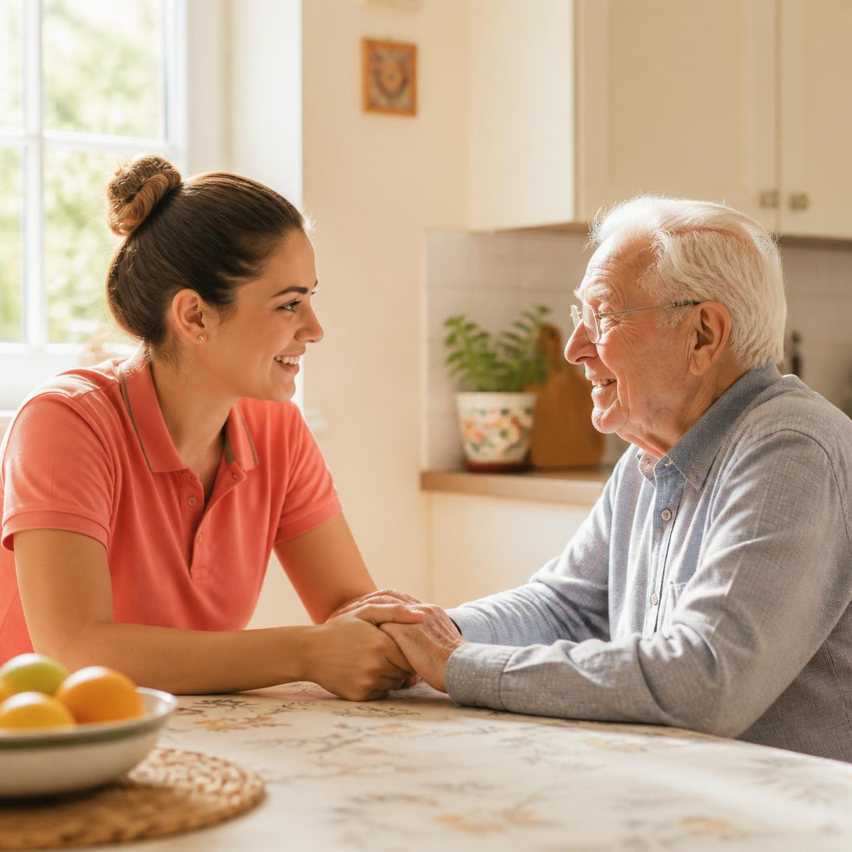 Caregiver holding hands with a smiling elderly man at a sunny kitchen table