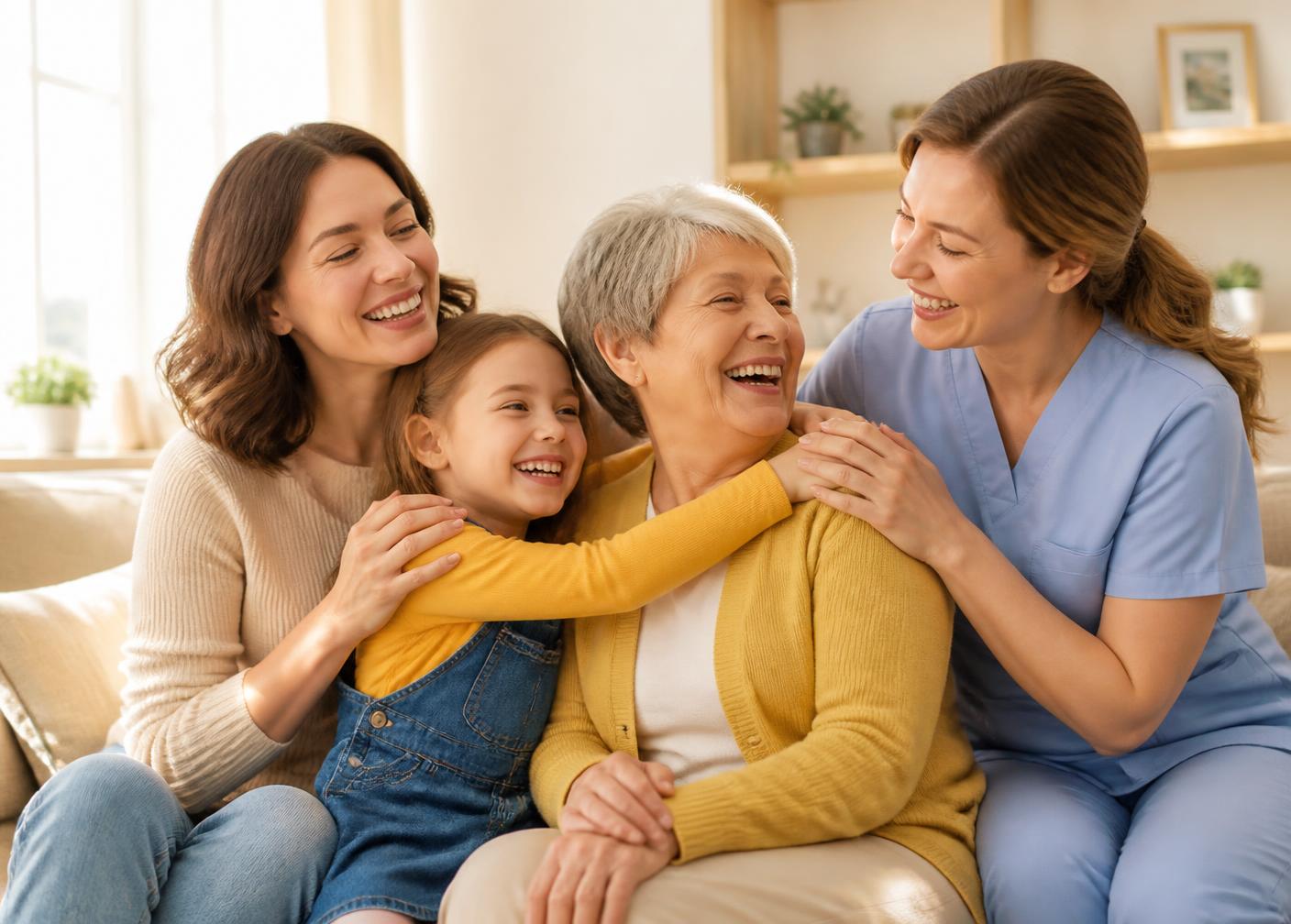 A multigenerational family laughing together with their caregiver in a sunny living room