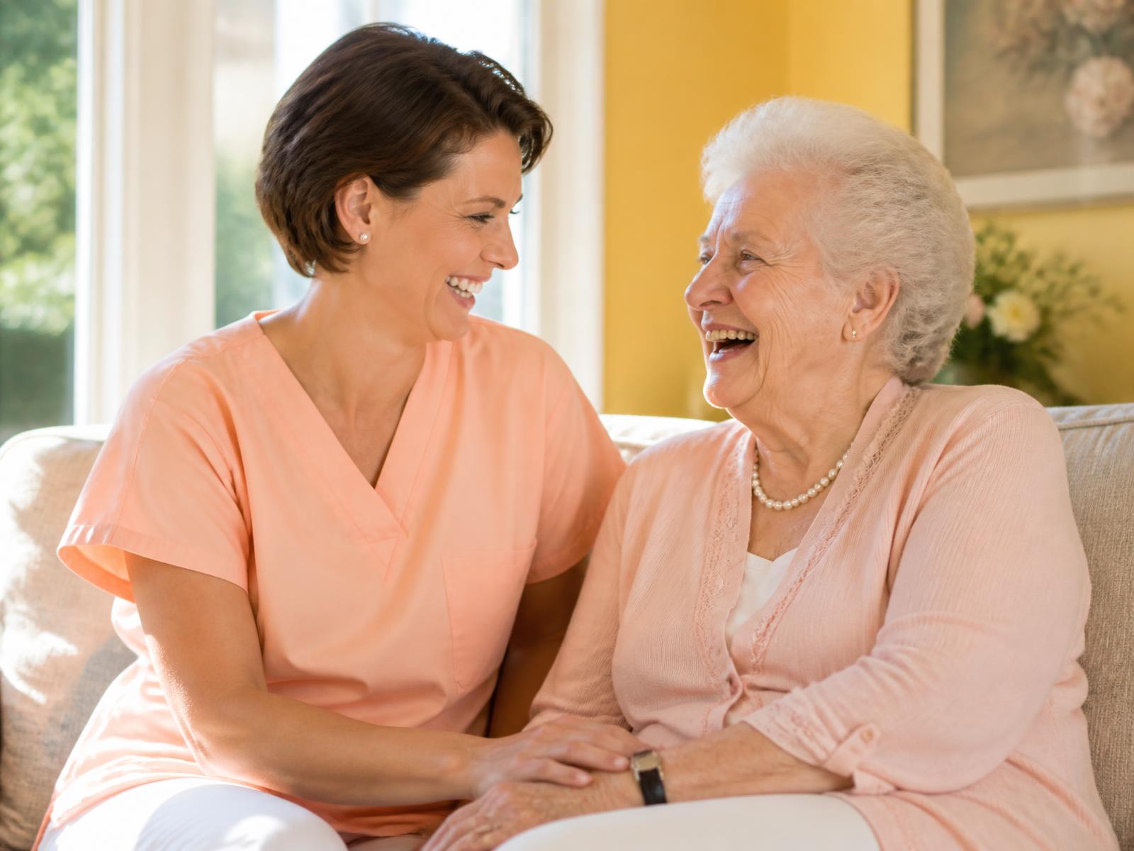 A smiling caregiver and an elderly woman laughing together on a sunlit sofa at home