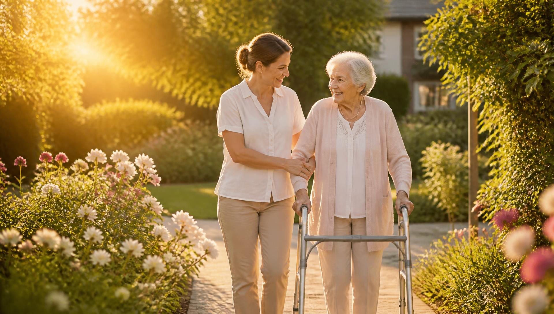 A caregiver walking arm in arm with an elderly woman along a sunlit garden path